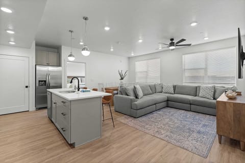 Open living, dining, and kitchen space