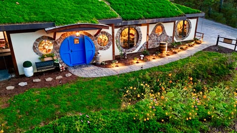 Real Hobbit inspired earth home with iconic round door—built into the land.