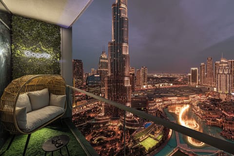 Balcony with breathtaking Burj Khalifa views.