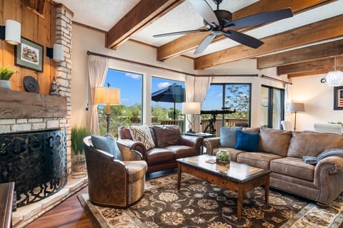 Spacious Living Room with foldout Queen size couch and magnificent views of the Comal River