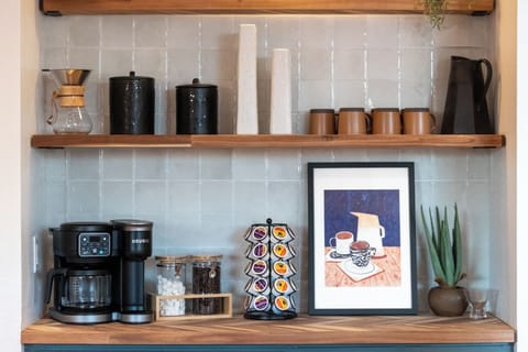 Full service coffee bar with Keurig for hot/iced coffee, pot coffee