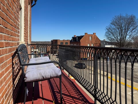 Quaint balcony with Missouri River view in downtown Washington, MO at the Tamm Loft.