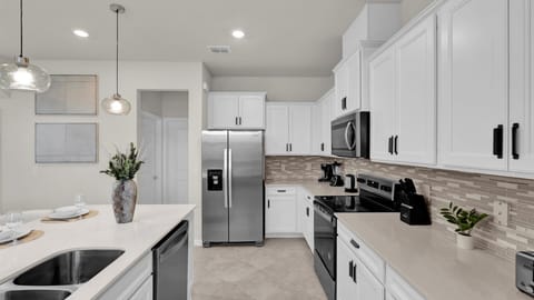 Chef's kitchen with modern silver appliances