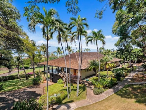 Relax at Hale Kalapu with palm-framed pathways and scenic ocean views.