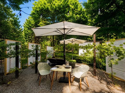 A quiet table awaits—an inviting spot for morning coffee.