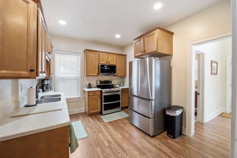 Kitchen with stainless steel appliances.