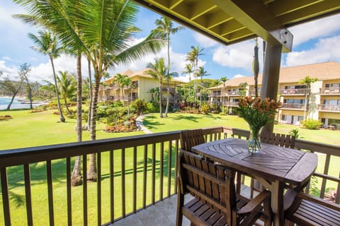 Condo View Lanai facing Wailua Bay and La'e Nani Condo Complex.  Tropical