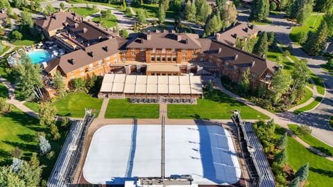 Take in the full resort from above, surrounded by greenery
