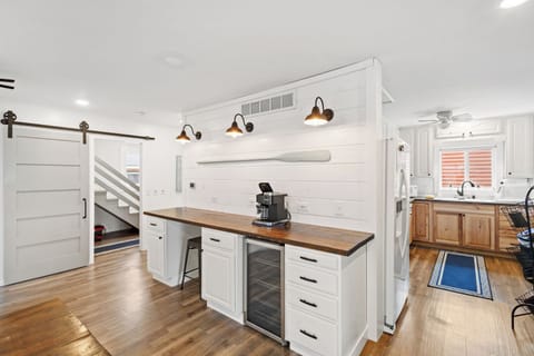 Coffee maker, beverage fridge, and a work station 