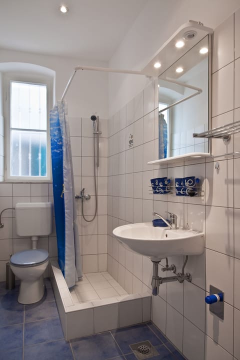 Bathroom with a shower, toilet, sink