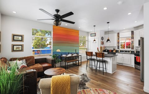 Single roll-away bed can be placed in living area for a 5th guest.