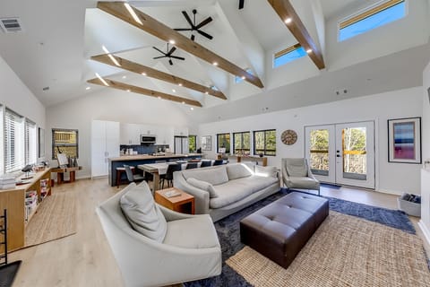 Spacious living room open to kitchen and dining