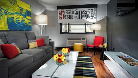 Stretch out in a stylish lounge with bright, modern décor.