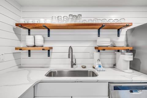 Kitchen View 2 - Ample open shelf storage puts everything at your fingertips.