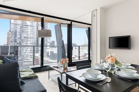 The dining area with a view of the city.