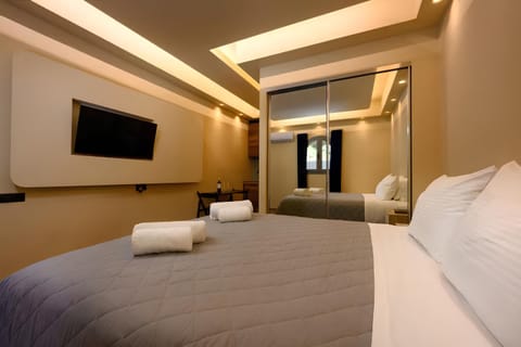Bedroom with queen size bed, TV and wardrobe