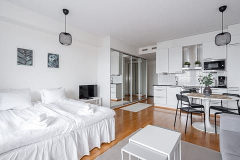 The apartment is a 35m2 big studio apartment with 160cm wide bed and 140cm wide sofa bed in the living room.