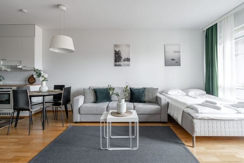 There is two double beds (one in the bedroom and one in the living room) as well as a bed sofa (140cm wide) for you to use.