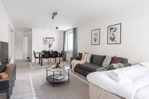 Relax in the heart of the apartment, an open space designed for large groups where the dining table and comfortable sofa bring everyone together. This central hub is the perfect setting for shared meals and conversations.