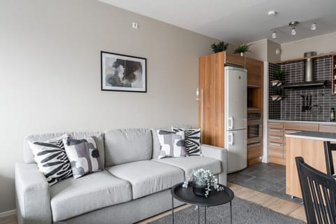 The living room has a direct view of the kitchen, so you can socialise with guests while cooking.