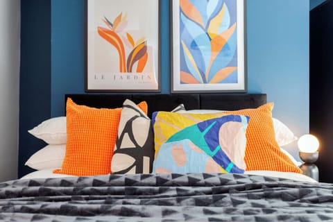 Colorful, luxurious bed linens