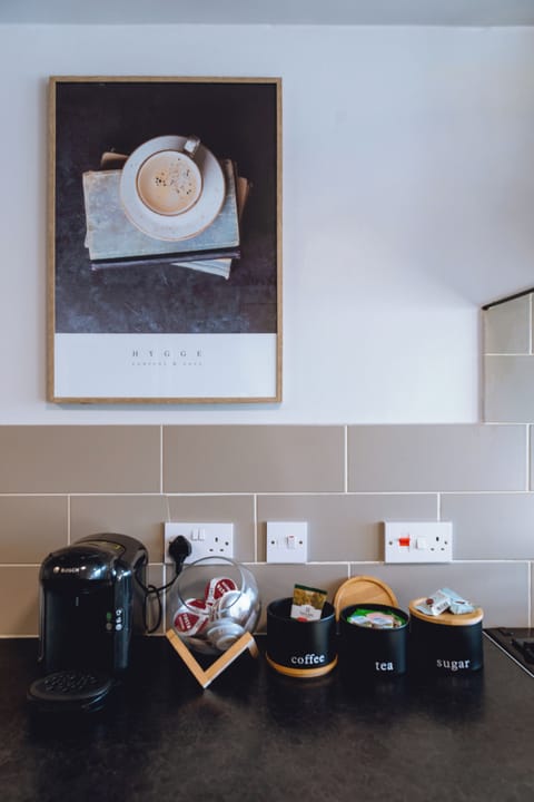 Hot beverage area-coffee/tea (herbal)/hot chocolate and chocolate selections.