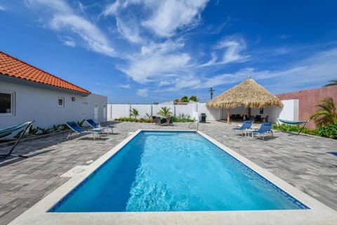 Large private pool with a tropical palapa view.

