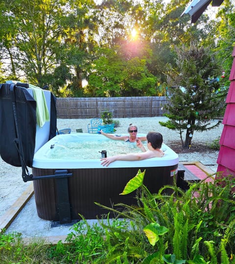 hot tub and backyard