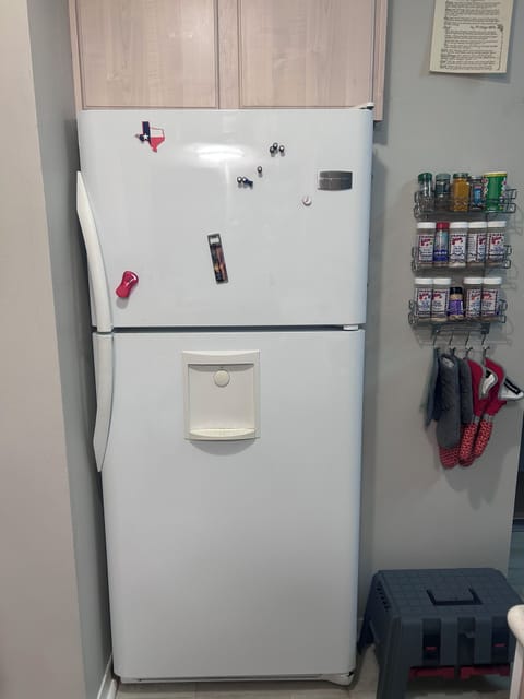 Fridge with ice maker and external water/ice dispenser, lots of spices.