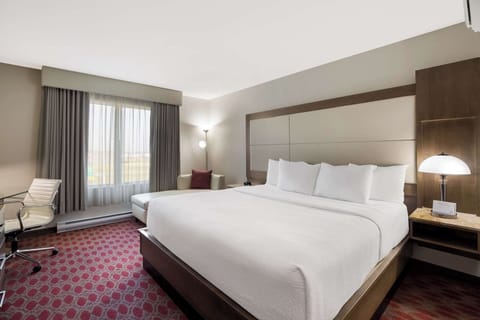 Unwind in a sunlit king room with plush pillows.