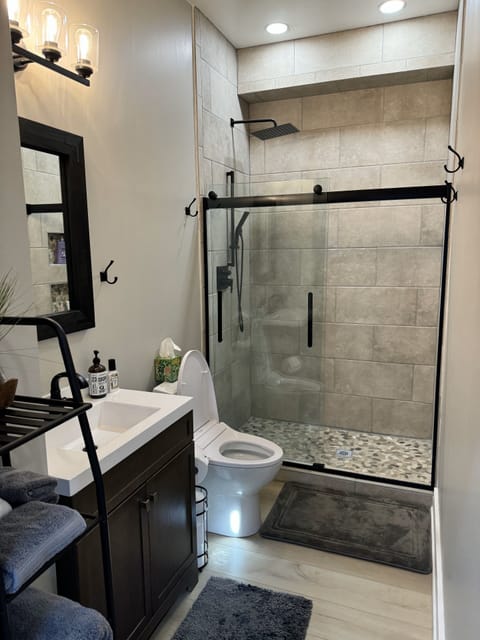Downstairs full bathroom with bidet & waterfall shower
