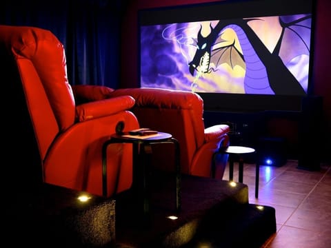 Nine seat cinema with stadium seating, reclining seats and surround sound