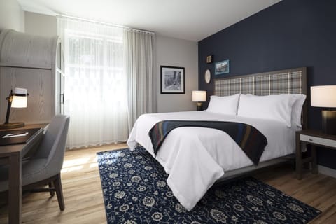 Unwind in a sunlit king bed with cozy rug.