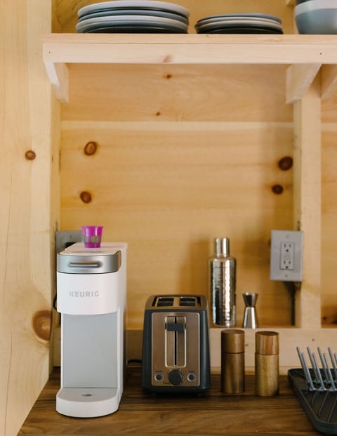 Coffee maker, toaster, cocktail shaker.