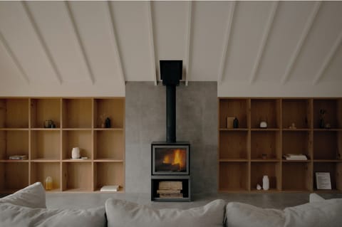 Wood burning fireplace & living room