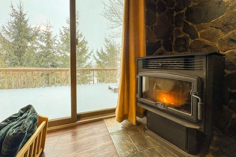 Relax by the crackling fire while enjoying breathtaking views of nature through floor-to-ceiling windows.