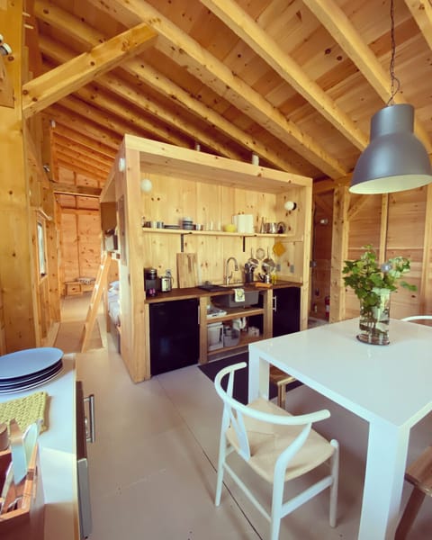 Kitchenette has frig/freezers, induction cooktop, & combo mw/oven/air-fry.