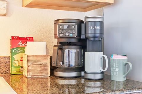 A coffee maker and a Keurig single-cup machine are available for your morning brew.