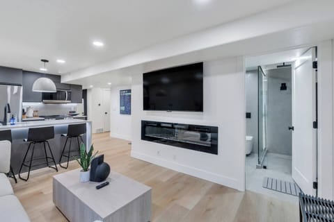 65" Roku TV, cofee table, open concept living room and kitchen.