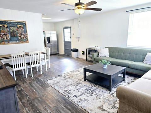 The living room and dining area. 