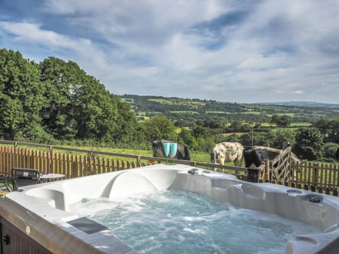 A hot tub on the terrace overlooking a field with cows