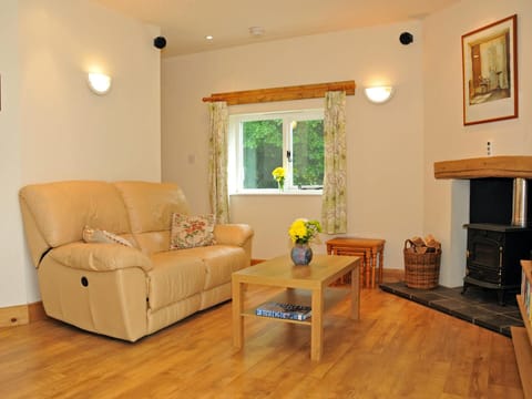 Comfy reclining sofa, coffee table with vase of flowers and nest of tables. Fire place and logs