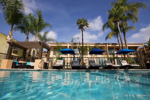 Stretch out on shaded loungers steps from cool water.