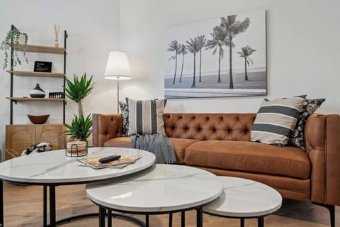 Spacious sofa, comfortably seating up to three guests.