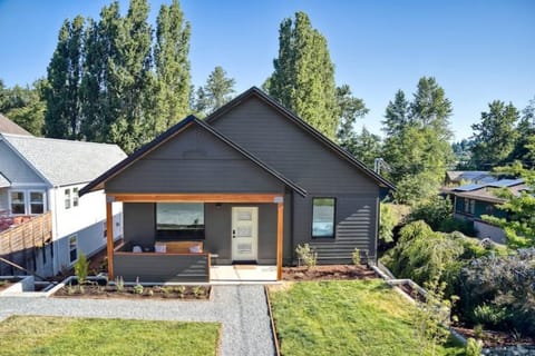 Front with covered porch.  Great spot for morning coffee on sunny days.