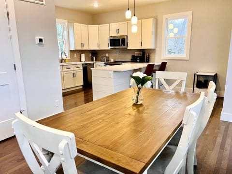 Spacious and modern kitchen and dining area. 