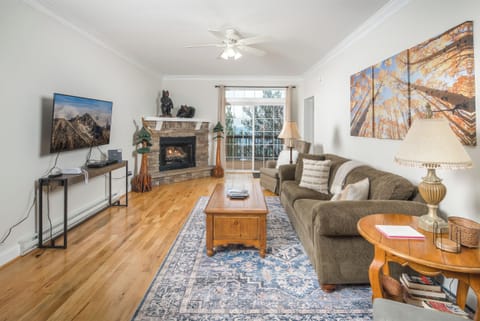 Light-filled living room with fireplace and porch access.