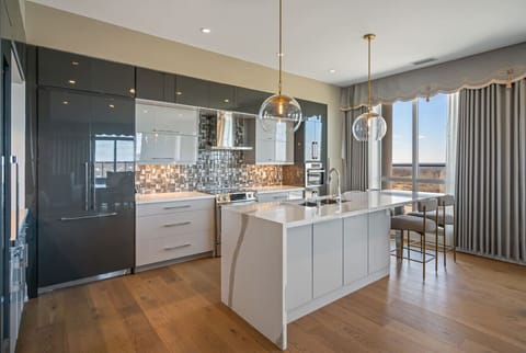 Full luxury kitchen with a wine fridge, blender, De`Longhi espresso machine, ground coffee, tea & sugar.