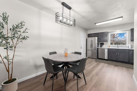 Dining table with 4 stylish chairs and Sleek light fixture above dining area.