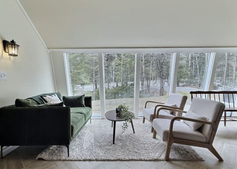 Living room with glass walls overlooking beautiful views.